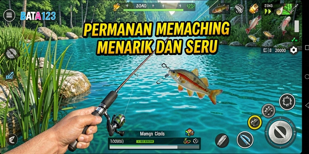 Screenshot utama gameplay BATA123 menampilkan pemain menangkap ikan di laut biru.