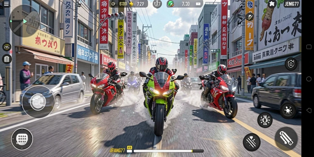 Tampilan gameplay seru dengan aksi balapan motor.